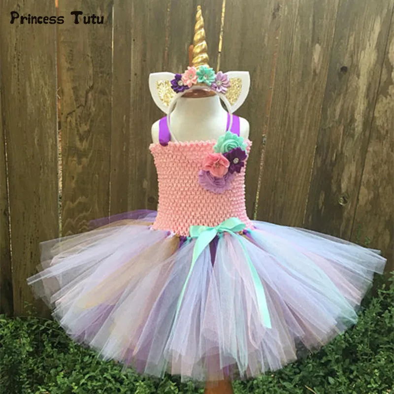 Girls Tutu Dress Fancy Rainbow Princess Pony Unicorn Dress With Headband Christmas Halloween Costume Kids Girl