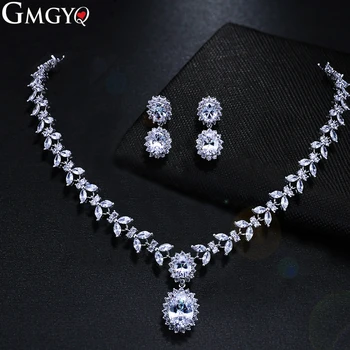 

GMGYQ Deluxe Earrings Necklace Set Drop-shaped Olive Zirconia Bride Jewelry Set Dinner Dress Accessories