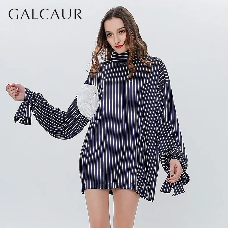 

GALCAUR Applique Patchwork Womens Shirts Stand Collar Long Sleeve Bandage Oversized Striped Blouse Tops Female 2019 Casual New