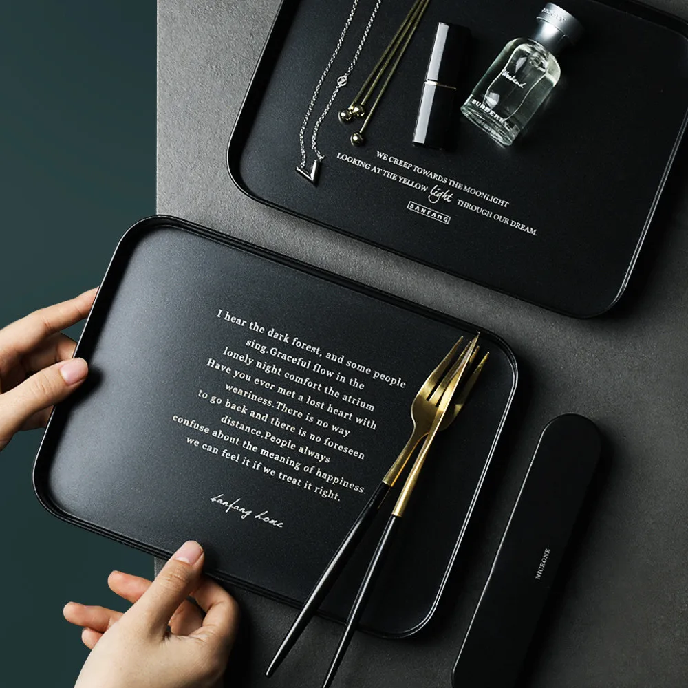

Nordic English Letter Black Metal Jewelry Display Tray Office Desktop Finishing Plate Simple Rectangle Cake Fruit Dish Plate