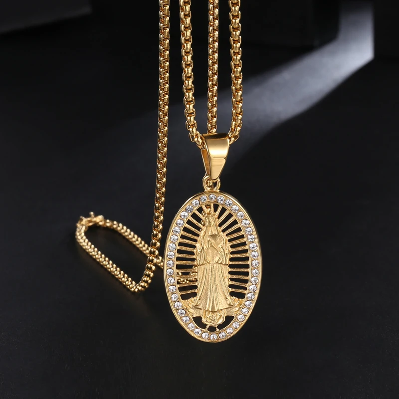 

D&Z Catholic Bling Crystal Holy Virgin Mary Necklace for Lady Gold Color Stainless Steel Oval Pendant Collares