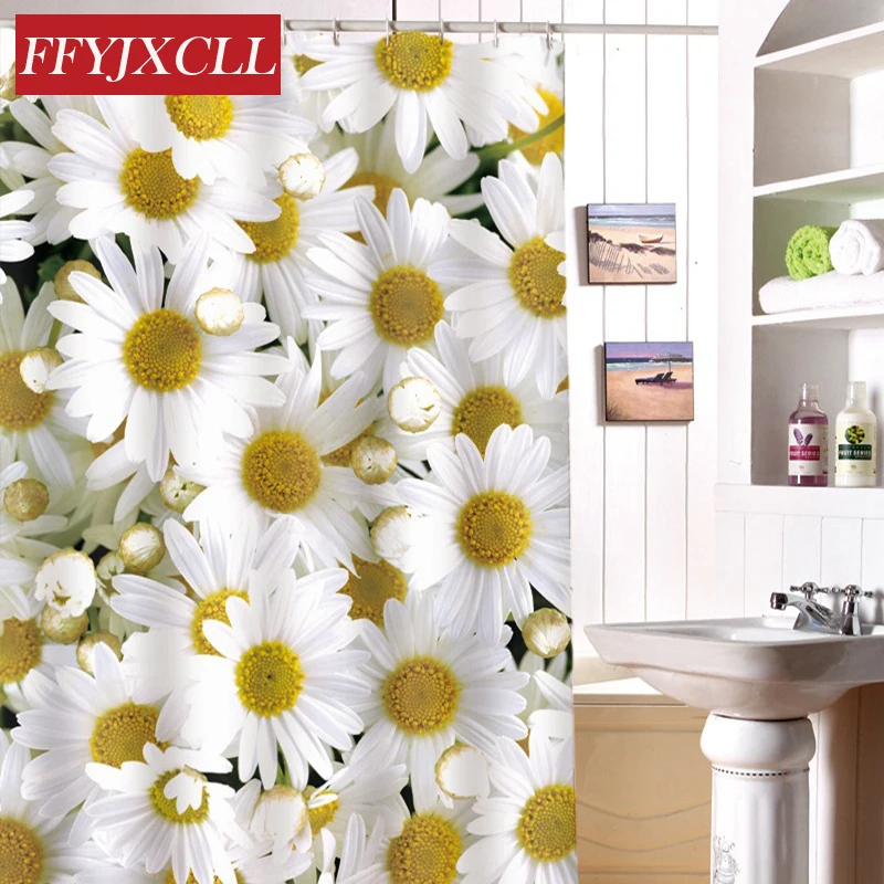 

Eco-Friendly Waterproof Fabric Polyester Shower Curtain Mildew Home Chrysanthemum Printing Bathroom Curtain Custom Made
