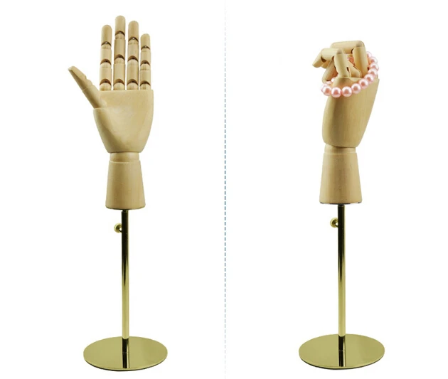 Adjustable Titanium Gold wooden handmould fingers moving bag wallet purse watch jewelry holder desktop standing rack