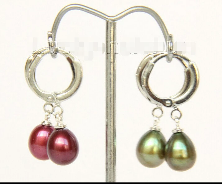 

Genuine 2piece 8X10mm drip Dangle red green pearls Earrings j9987Noble style Natural Fine jewe fast SHIPPING