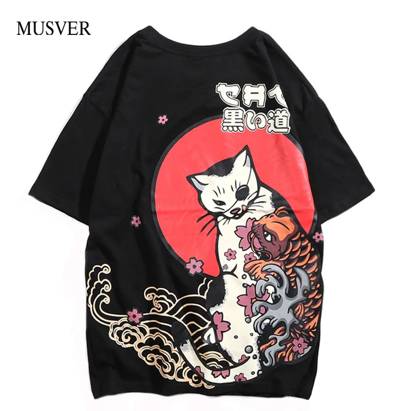 

MUSVER Japanese Ukiyo E Cat Printed Hip Hop T Shirt Men 2019 Summer Harajuku Streetwear Cotton Casual Short Sleeve Tops Tee