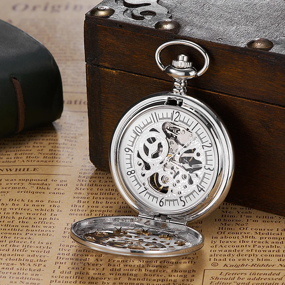 OUYAWEI Fashion Men Casual Pocket Watches Silver Hand Wind Stainless Steel Chain Watches Brand Skeleton Dial 2