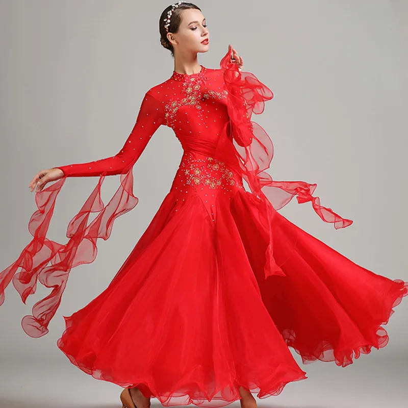 9color Standard Ballroom Dance Competition Dresses Rhinestone Marine Costumes For Women Tango/Waltz Dresses Modern Dance Costume