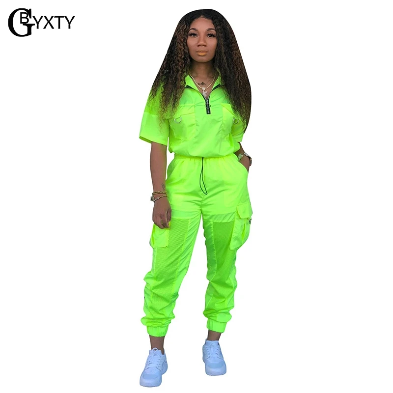 

GBYXTY trainingspak dames Neon Set Tracksuits Women Summer Two Piece Set Mesh Patchwork Tops and Pants Set Matching Suit ZL288