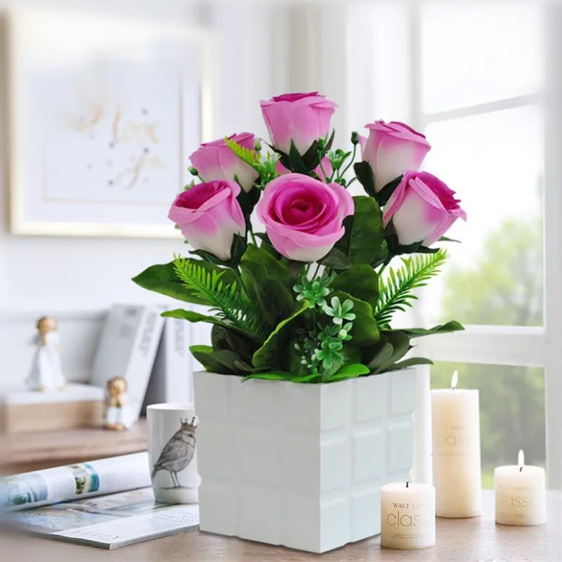 Flone Rural Style Artificial Flowers Potted Tulip And Rose Flower Simulation Silk Fake Flowers Bonsai Wedding Home Desk Decor (8)