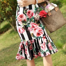 Высокое качество дизайнер Половина юбка в полоску цветочный принт оборками винтажные женские платья Mid-удлиненная юбка