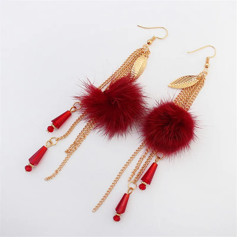 Competitive Price Popular Ball Hair Long Feather Earrings Female Fashion Cute Office OL Tree Leaves Tassel RHQ030 | Украшения и