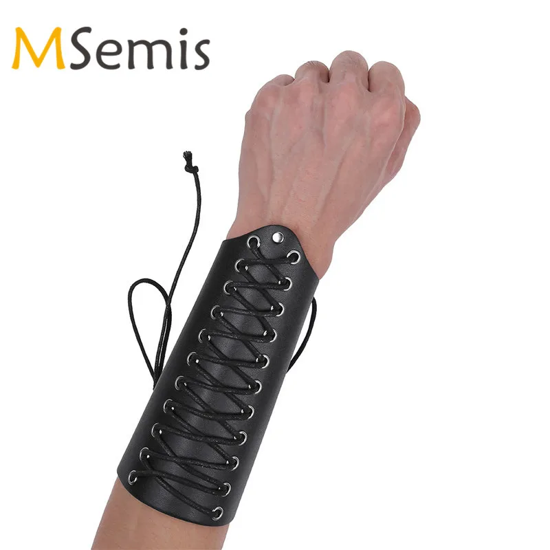 Buy Men Faux Leather Arm Warmers Lace Up Gauntlet Wristband Wide Bracer