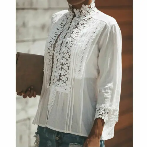 

Women Summer Whire Tops 2019 New Summer Women Casual Long Sleeve Stand Collar White Lace Patchwork Tops