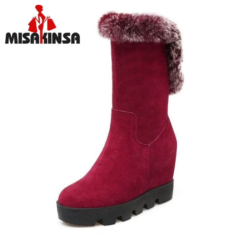

FITWEEWomen Genuine Leather Wedges Boots Warm Fur Snow Boots Inside Heel Winter Shoes Zipper Botas Women Footwears Size 34-39