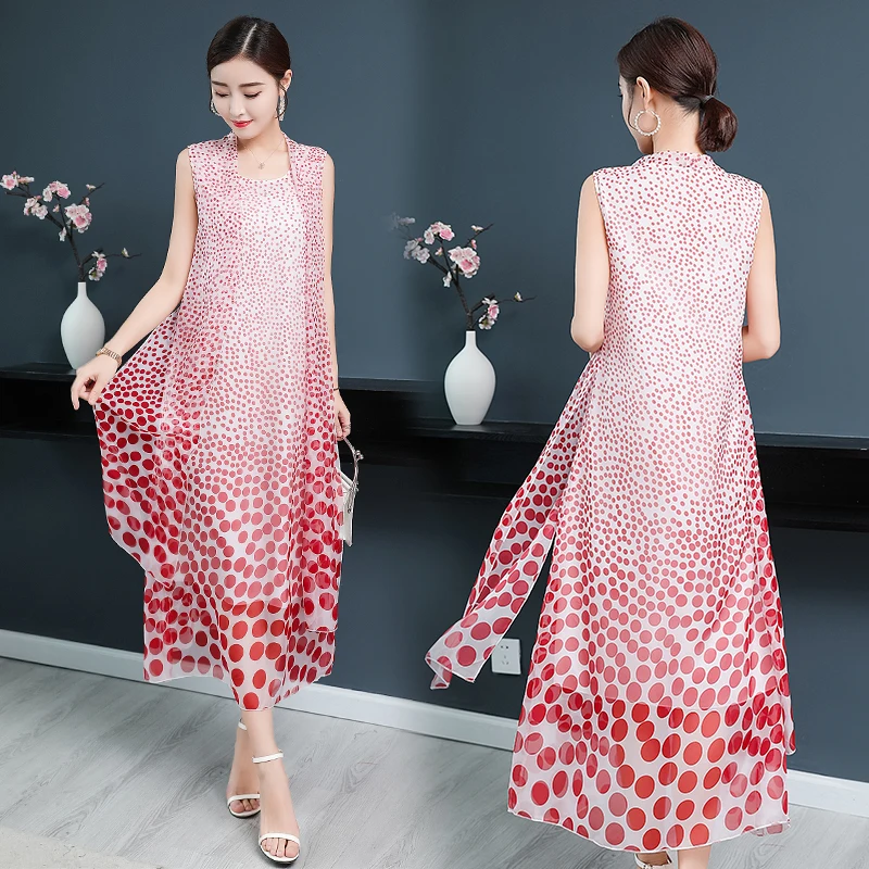 

Chiffon Retro Plus Size Red Polka Dot Dress Women 2019 Maxi Long Summer Sleeveless Dresses Party Night Female Robe Clothing