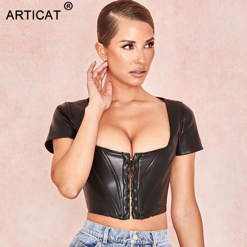 Articat Black PU leather Sexy Corset Crop Tops For Women Single Breasted Short Tank Top Summer Solid Casual Women Crop Top Tees