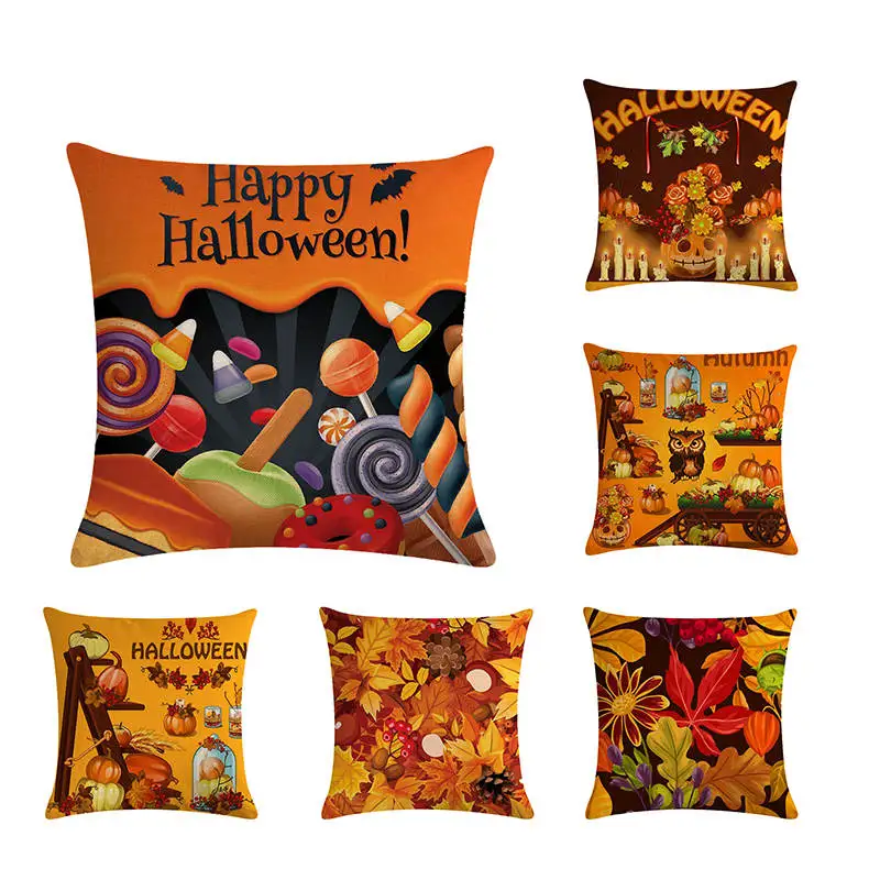 

Halloween Cushion Covers Pillow Cases Autumn Leaf Chair Holiday Lollipop Throw Pillows Living Room Decor Cotton Blend ZY713