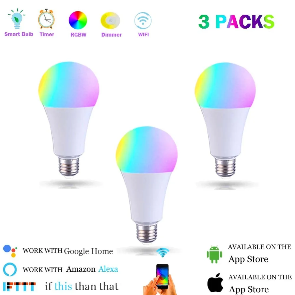 

E27 WiFi Smart Light Bulb,Dimmable,Multicolor,RGBW LED Lamp,Voice Control Bulb Woks with Alexa and Google Assistant (3 Pack)