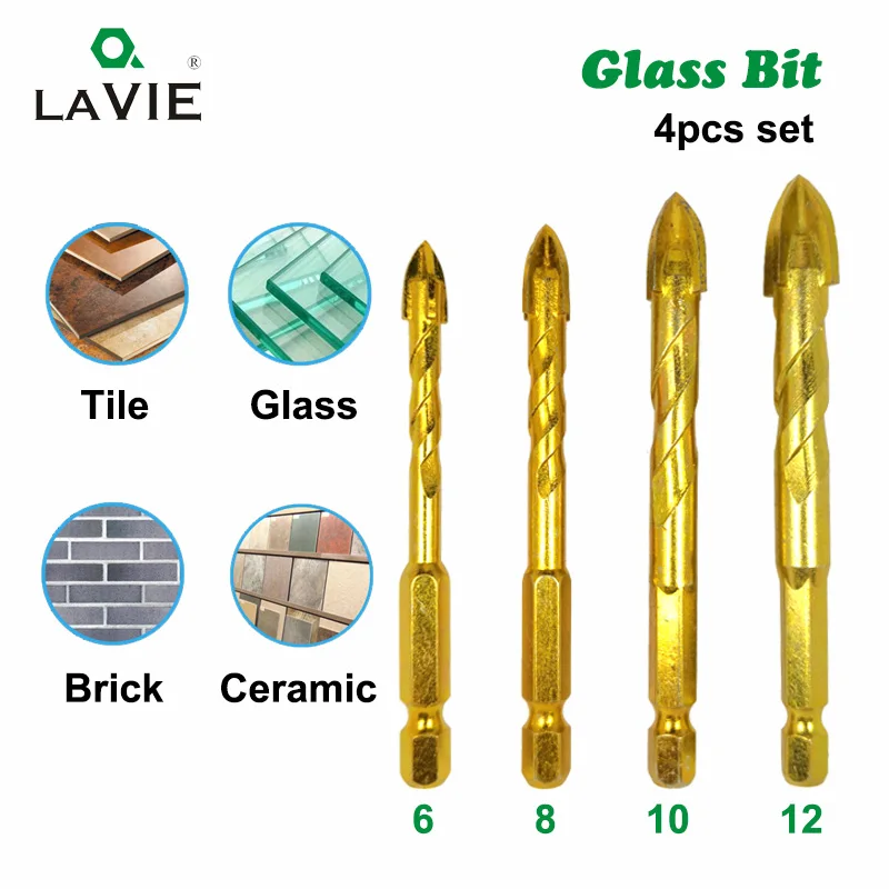 4 шт. 1/" шестигранные сверла с шестигранным хвостовиком, титановые керамические сверла для бурения 6, 8, 10, 12 мм, плитка, бетон, крестовые наконечники, отверстие, плитка 02016