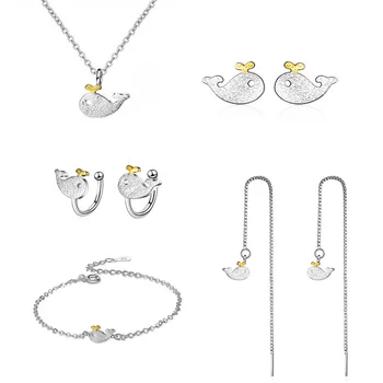 

XIYANIKE 925 Sterling Silver Simple Cute Little Whale Wire Drawing Jewelry Sets Marine Animal For Women Girls Gift NE+BR+EA