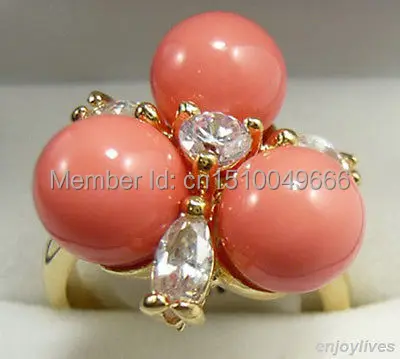 

FREE SHIPPING >>>Pink Coral Beads STONE Flower Yellow Ring Size: 6.7.8.9