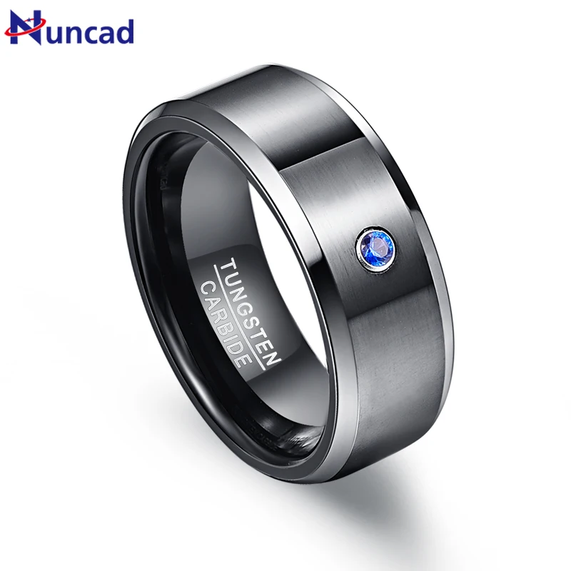 Nuncad Men's 8mm Black Brushed Blue Cubic Zirconia Tungsten Wedding