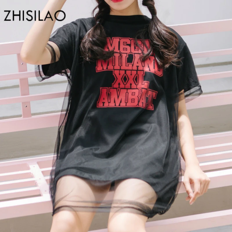 

ZHISILAO 2018 Casual Woman T-shirt Woman Tee Summer T-shirt Harajuku Women Tops Fashion Kpop Black tshirt Chic Lace Tee Oversize
