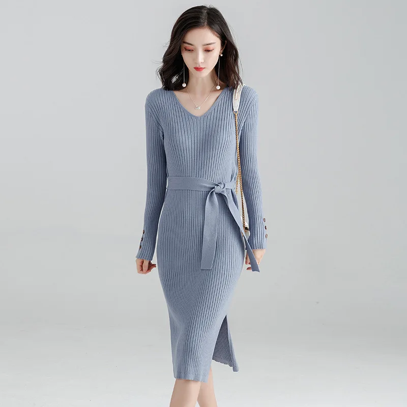 

2018 autumn and winter Korean temperament package hip dress v-neck knitted dress female bottoming knitting dress women f9853