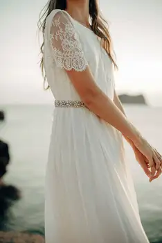 

Elegant Hot Sell beach chiffon cap V-sleeve lace boho open back Backless evening dress 2019