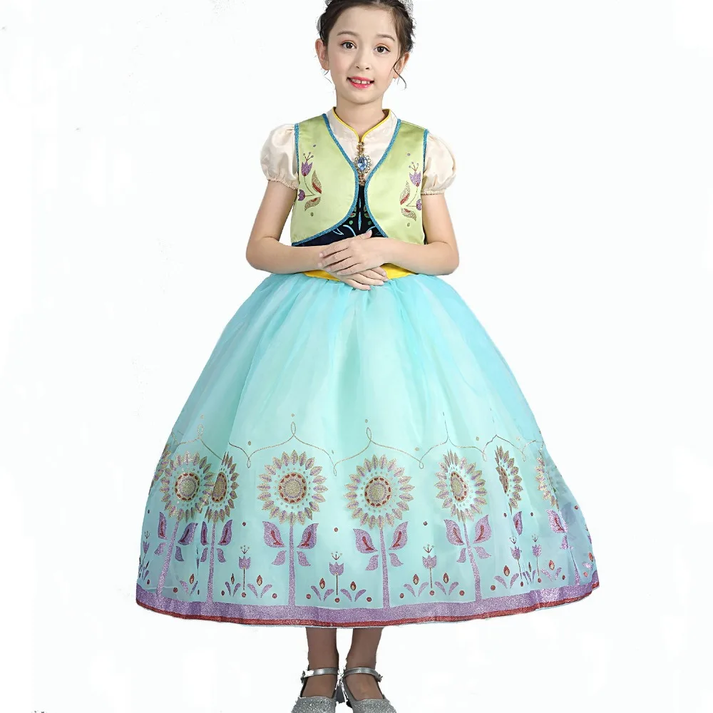 Girls Princess Elsa Anna Costume Dress Velvet Embroidered Flower