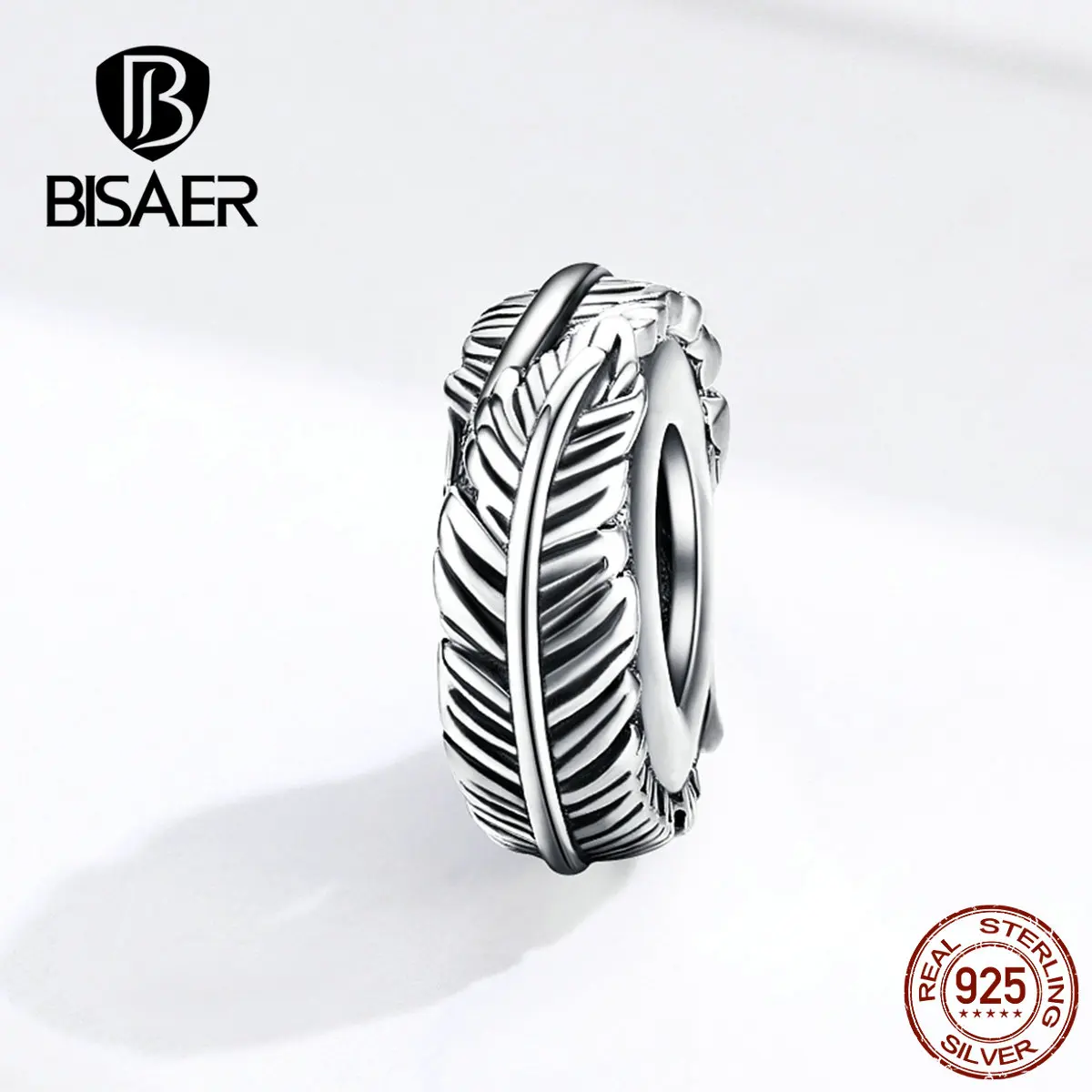 

BISAER Feathers Spacer 925 Sterling Silver Feather Beads Clips Stopper Leaves Charms fit Bracelets Silver Jewelry ECC1236