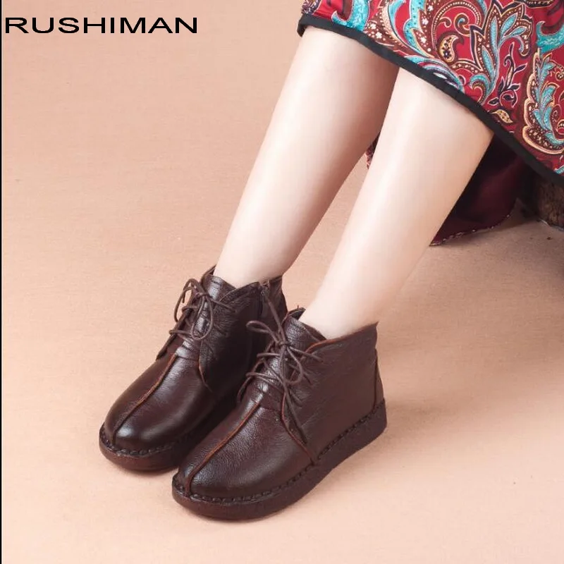 

RUSHIMAN HOT SALE Shoes Women Winter Snow Boots Handmade Ankle Boots Flat Boots Genuine Leather Casual Shoes Women Shoes Plus Si