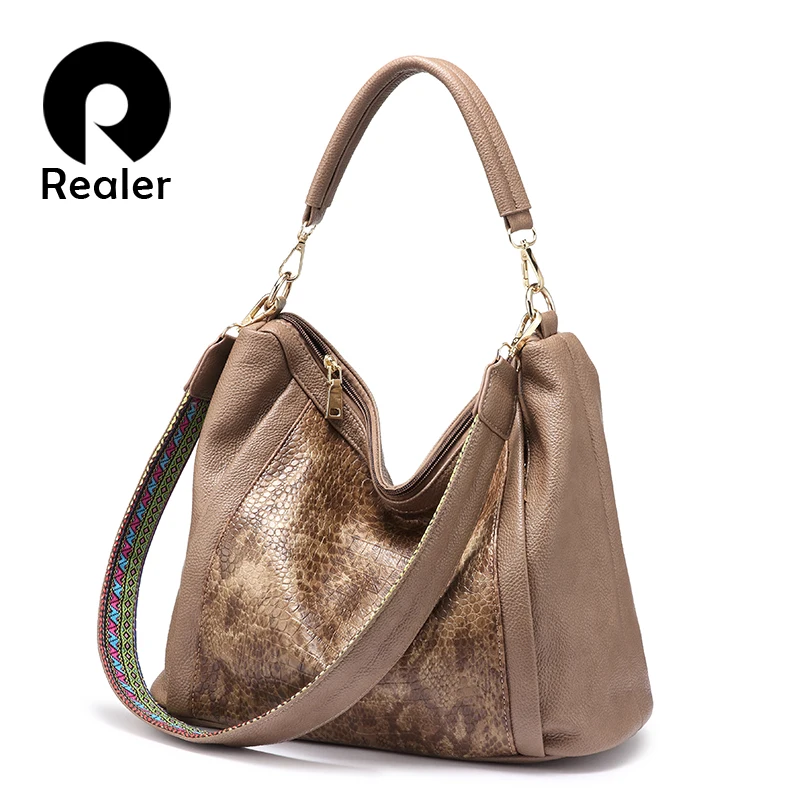 

REALER designer handbags high quality shoulder bags women soft artificial leather large tote bags ladies hobo Serpentine print