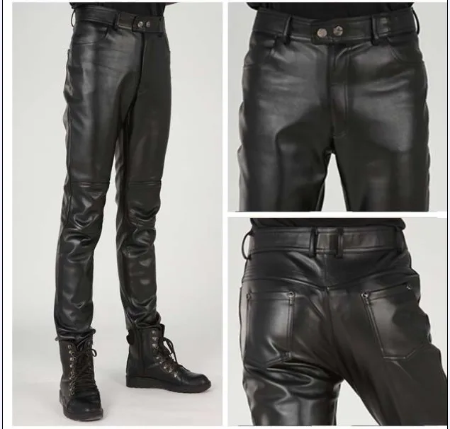 Большие размеры кожаные брюки мужские брендовые модные тонкие британский стиль на молнии облегающие мотоциклетные мужские брюки 28-37