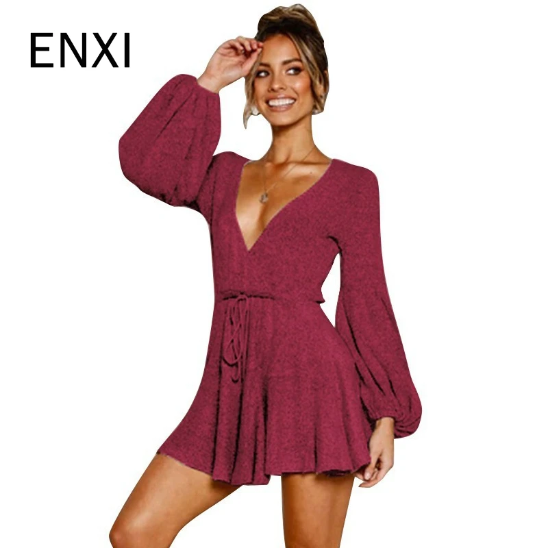 

ENXI Summer Maternity Dresses Solid Color Long Sleeve Fashion Mini Dress V-neck Pregnant Vestido Breastfeeding Dress