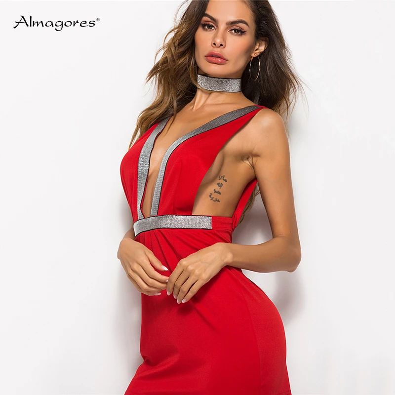 Almagores Лето Империя спинки ночной клуб платье плюс размеры лоскутное Sexy Глубокий V