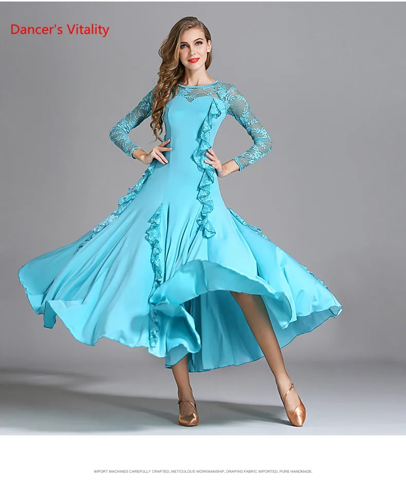Бальное танцевальное платье для взрослых женское кружевное платье с длинными рукавами и рюшами большие свинг-платья для женщин Танцы Вальс Танго тренировочные костюмы