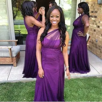 

Long Tulle Purple Sheath Bridesmaid Dresses Simple One Shoulder Pleats Floor Length Wedding Party Gowns Maid of Honor Dress