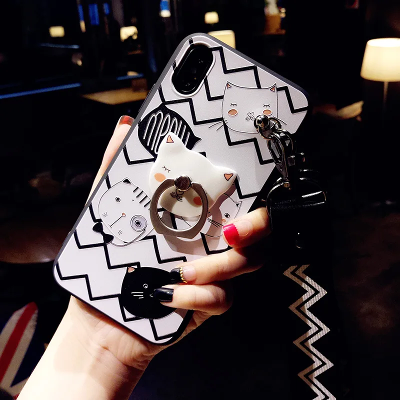 

Cute Cat TPU Phone Case with Ring Holder for iPhone 6 6s 7 8 plus Full Protect Soft Case with Neck Strap for iPhone X Coque