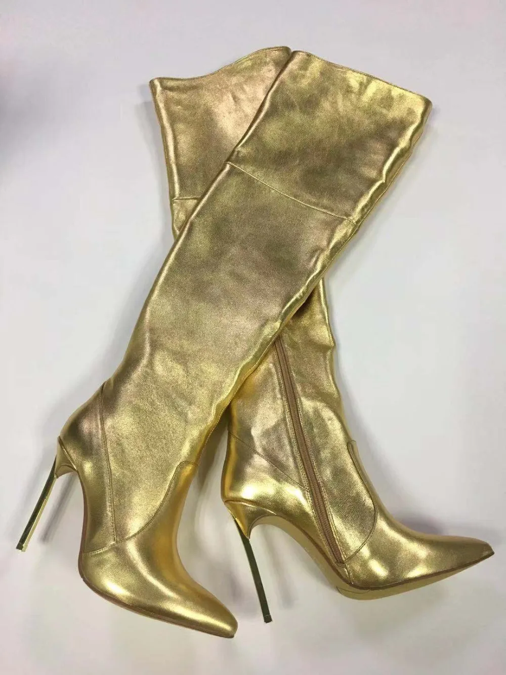 

Newest Tall Boots Stilettos Gold Leather Metallic Over The Knee Women Boots Fashion Thigh High Booties