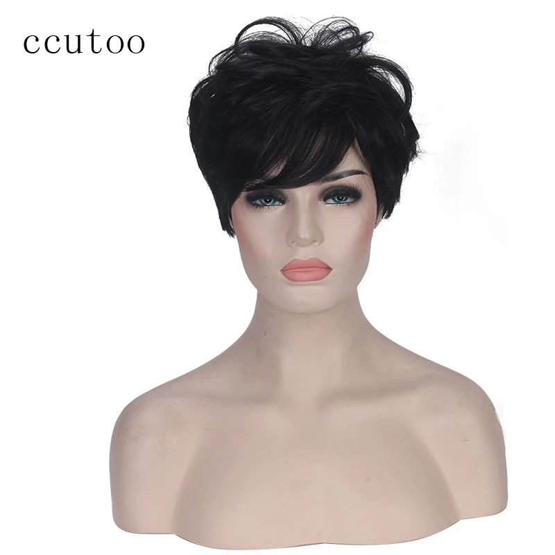 

ccutoo 10" Natural Black Short Curly None Lace Synthetic Hair Daily Cosplay Full Wigs Perrque For Halloween Party