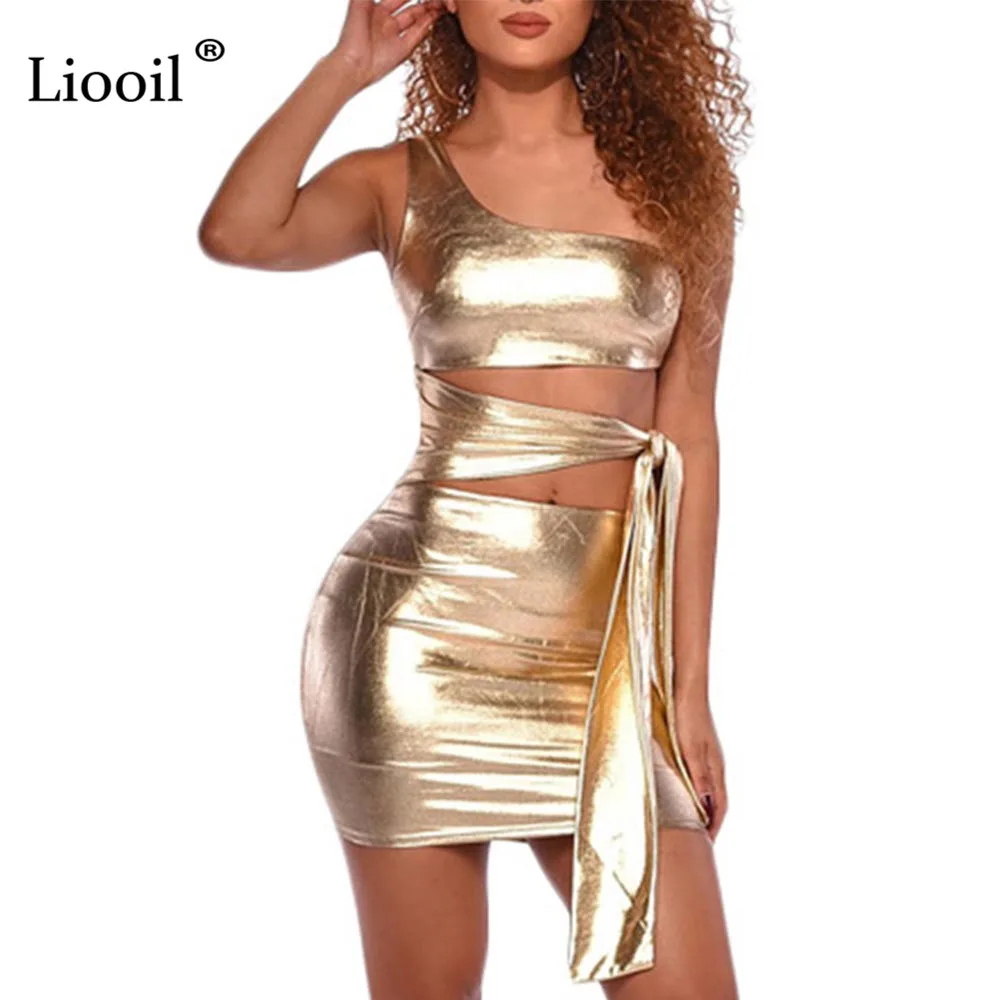 

Liooil Two Piece Sexy Club Gold Mini Dress Women Asymmetrical Lace-Up Silver Bodycon Dress Sleeveless Plus Size Party Dresses