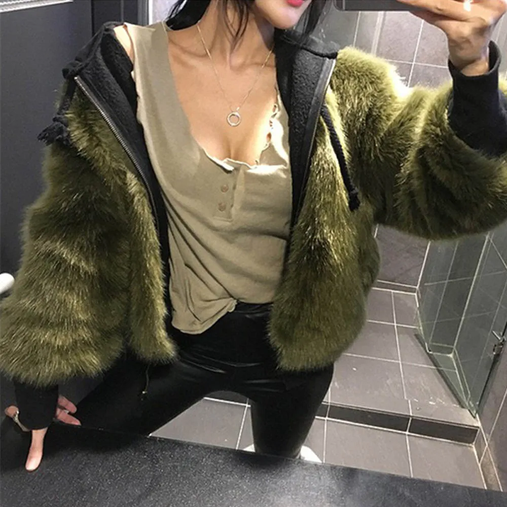 Stylish Army Green Faux Fox Fur Long Hairy Shaggy Long Sleeve Jackets