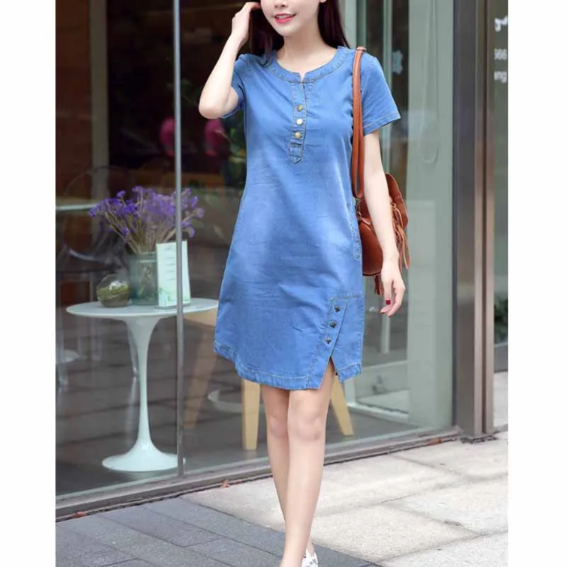 Summer Dress Women Denim Dresses Short Sleeve Loose Knee length Shirt ...