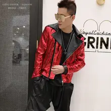 Новая мужская Тонкая красная мотоциклетная куртка с блестками, верхняя одежда, мужская певица, большие размеры, костюмы для ночного клуба, мужская кожаная куртка, пальто