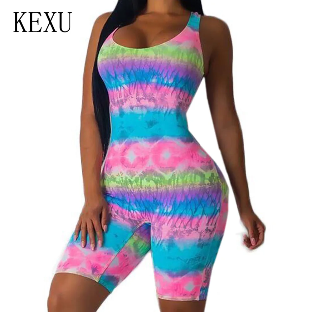 

KEXU Overalls for Summer Lady Women Fashion Vintage Printed Jumpsuits Sleeveless Hollow Out Bodycon Bandage Rompers Macacao
