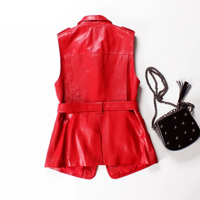 2018 New Arrival Vest Women Sheepskin Black Red Sleeveless Jacket Ladies Fashion Design Belt Lapel Real Leather Vest All Match 1