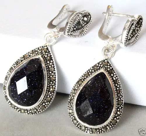 

Hot selling> 925 Sterling Silver Jewelry Natural Blue Sand Stone Marcasite Drop Earrings -Bride jewelry free shipping