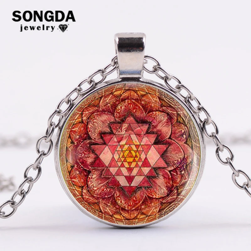 

SONGDA Unique Blooming Mandala Sri Yantra Necklace Buddhist Charm Sri Lankan Sacred Geometry Crystal Cabochon Necklaces Pendants