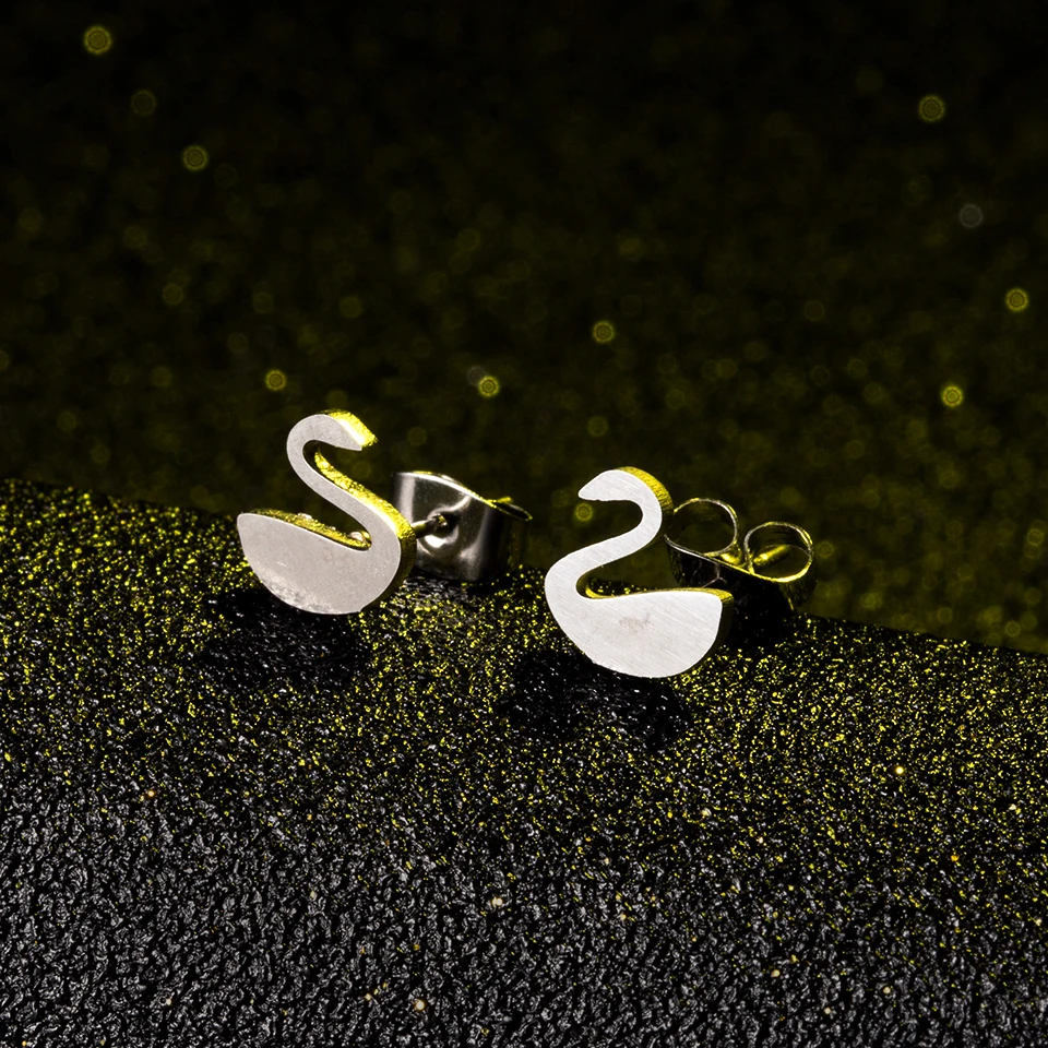 

2019 New Minimalist Jewelry Cute little swan Stud earrings Mini Stainless Steel Golden Silver Color Animal ear studs for women